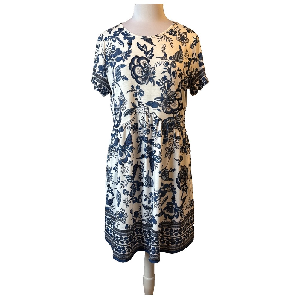 Cottagecore Blue White Floral Short Sleeve Stretch Pocket Midi Dress XL Boho
